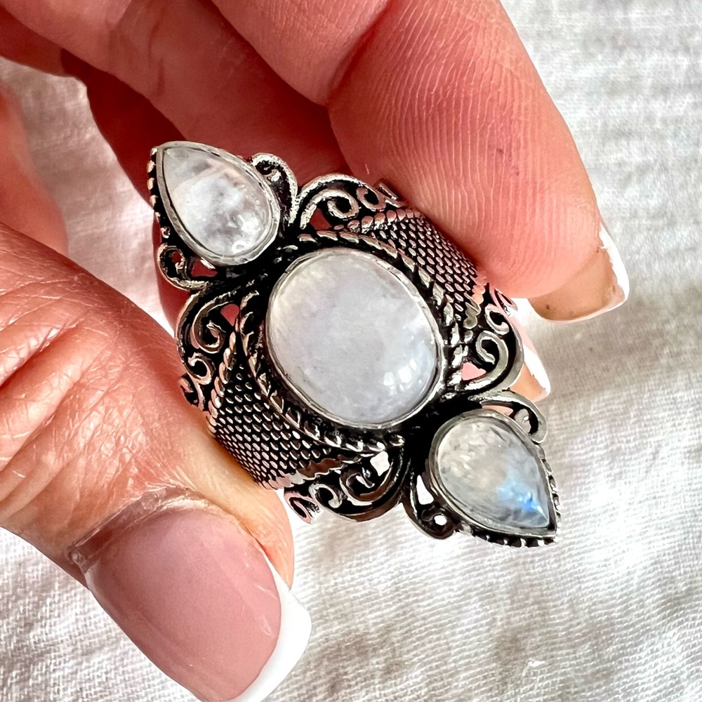 925 OMG! Gorgeous! Triple Rainbow Flash Moonstone Ring 6 7 8 9 10 - Picture 8 of 11